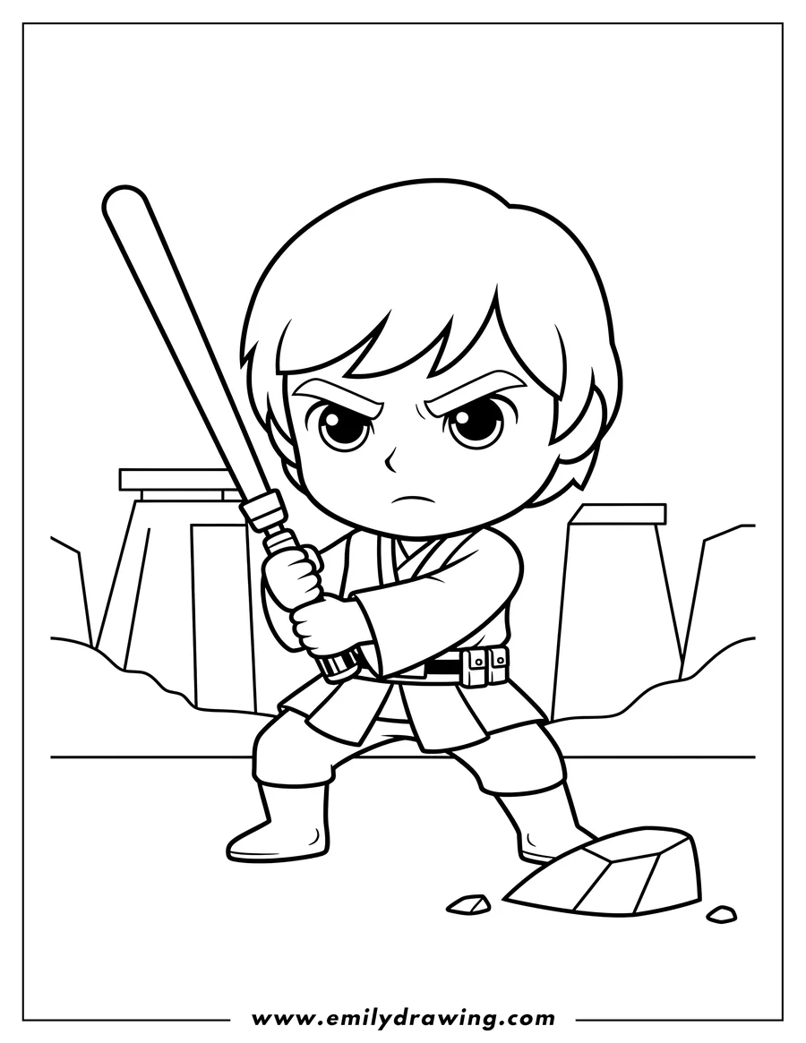 Printable line art of chibi Jedi Luke Skywalker holding a lightsaber, ready for battle