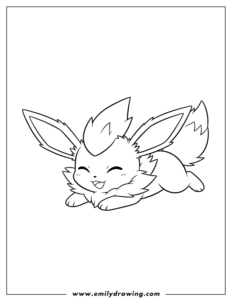 Coloring sheet featuring chibi Jolteon lying down and happy