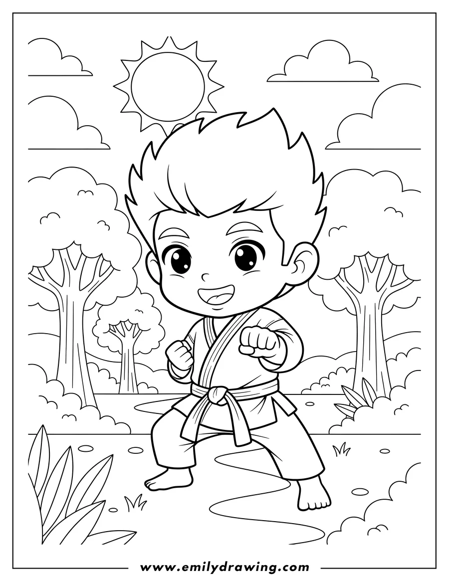 Free printable coloring sheet of chibi Karate Boy in Nature, in a karate stance, smiling