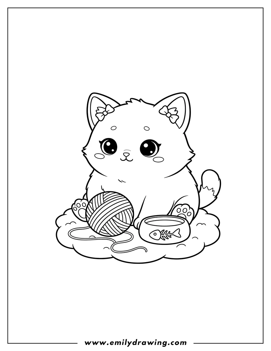 Black and white line art of kawaii Chibi Kitten sitting with a yarn ball and a bowl