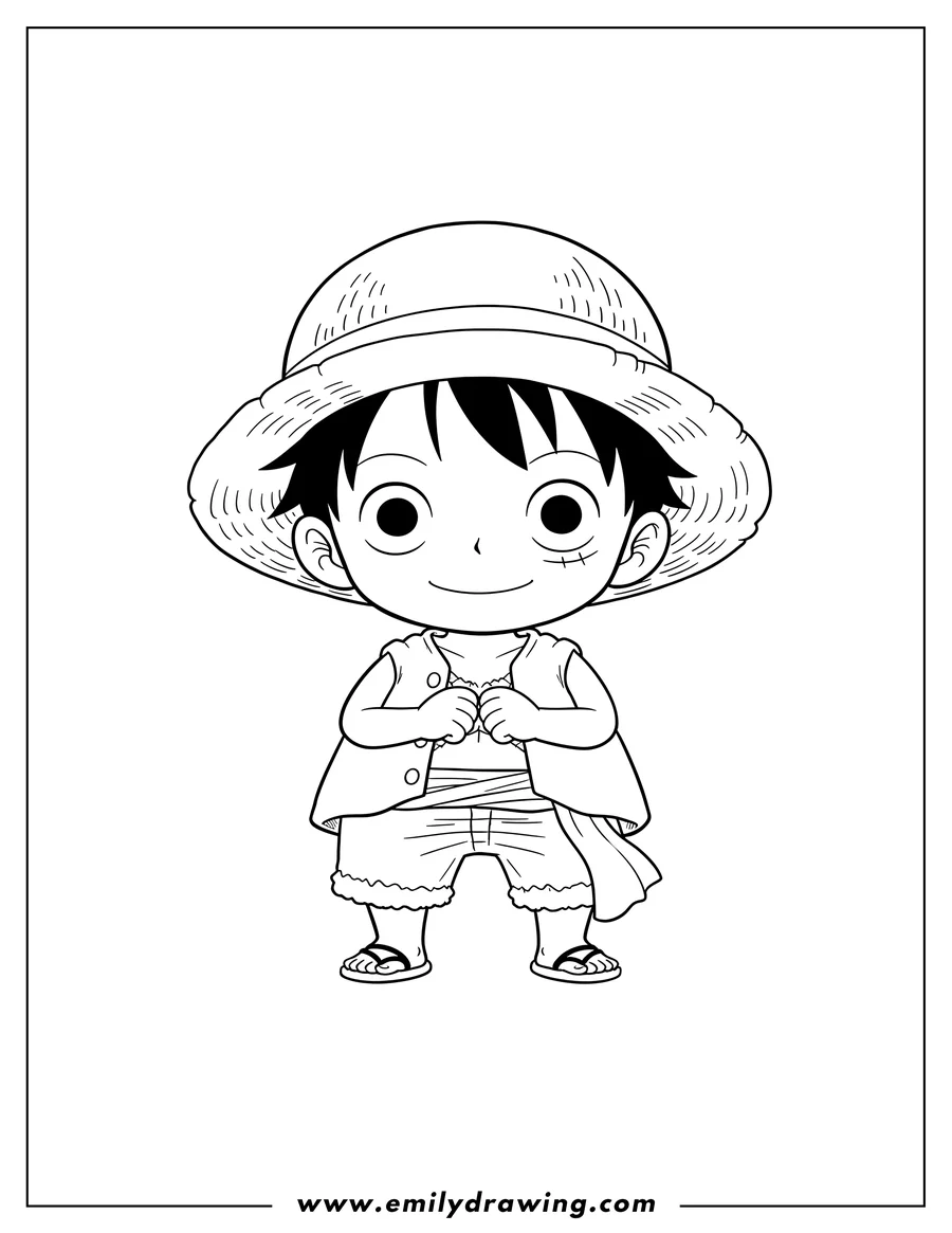 Coloring page for kids: chibi Luffy Preschoolers wearing a straw hat, standing with hands clasped and a cute smile