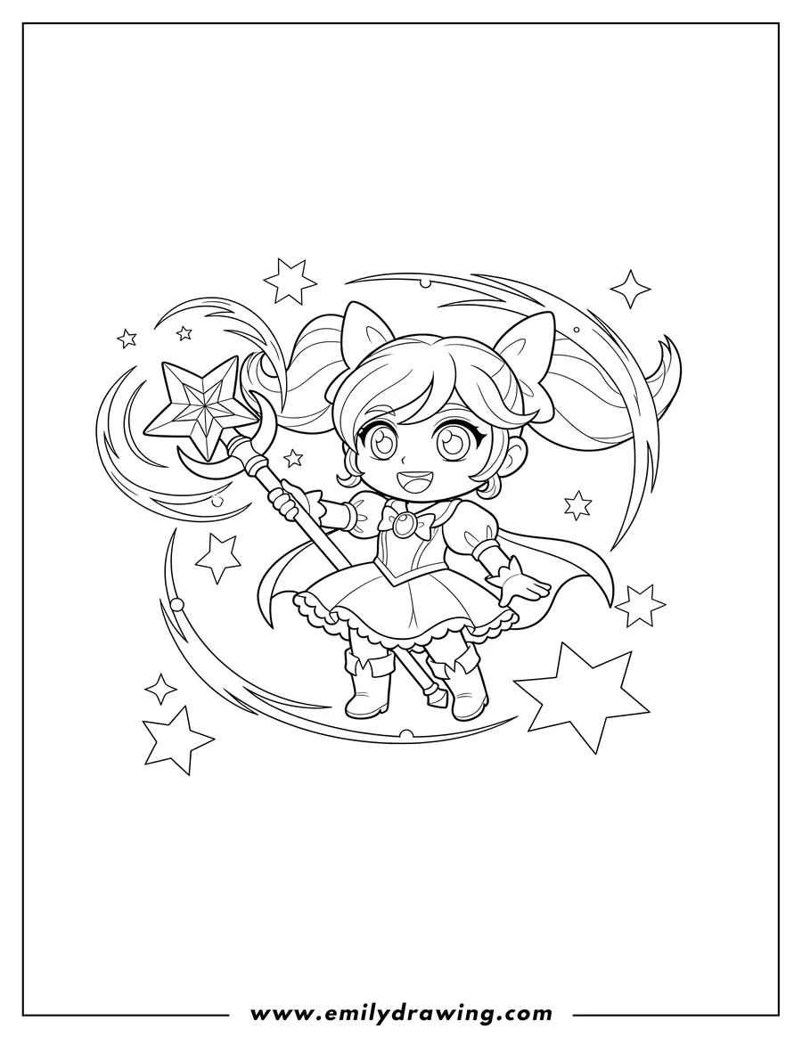 Coloring page for kids: league Legends Chibi Lux Preschoolers, smiling and casting a spell with her staff
