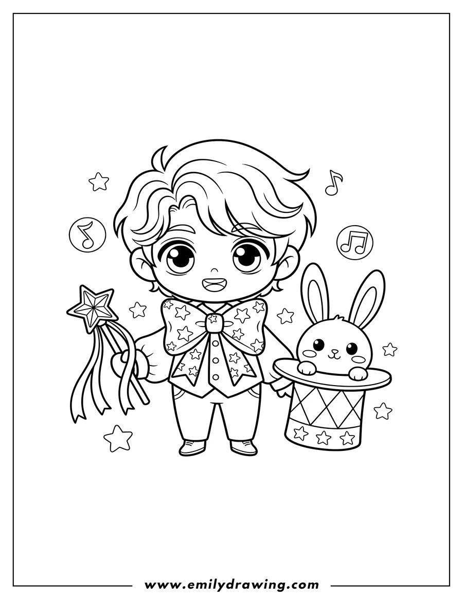 Outline drawing of chibi Magical Boy in a bow tie, holding a star wand, with a rabbit peeking out of a top hat, Preschoolers