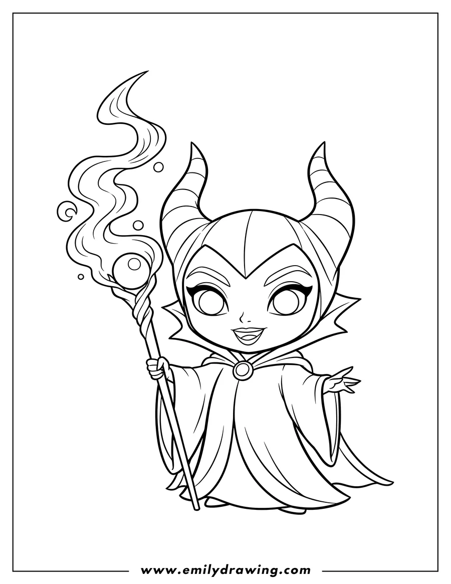 Free printable coloring sheet of chibi Maleficent holding a staff with magical wisps and smiling