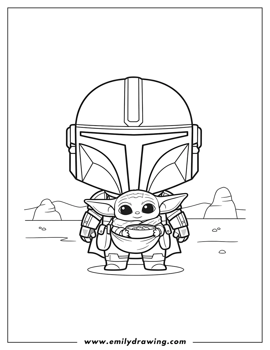Vector style outline of chibi Mandalorian with Baby Yoda in a satchel