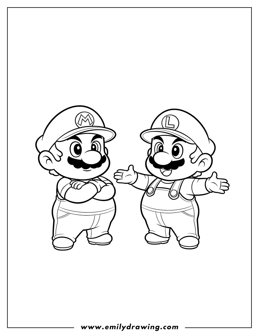 Doodle style coloring picture of adorable Chibi Mario And Luigi Preschoolers, Mario with arms crossed and Luigi gesturing