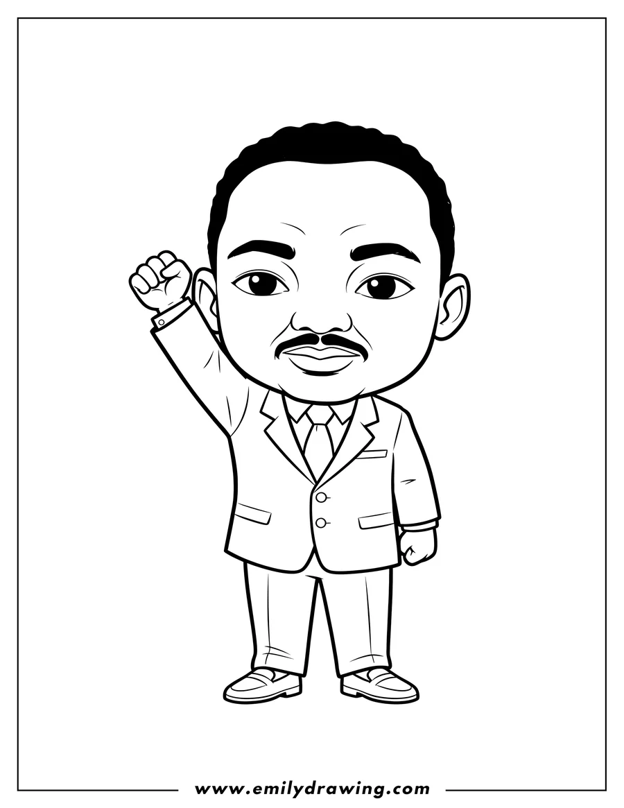 Doodle style coloring picture of chibi Martin Luther King Jr wearing a suit with a raised left fist