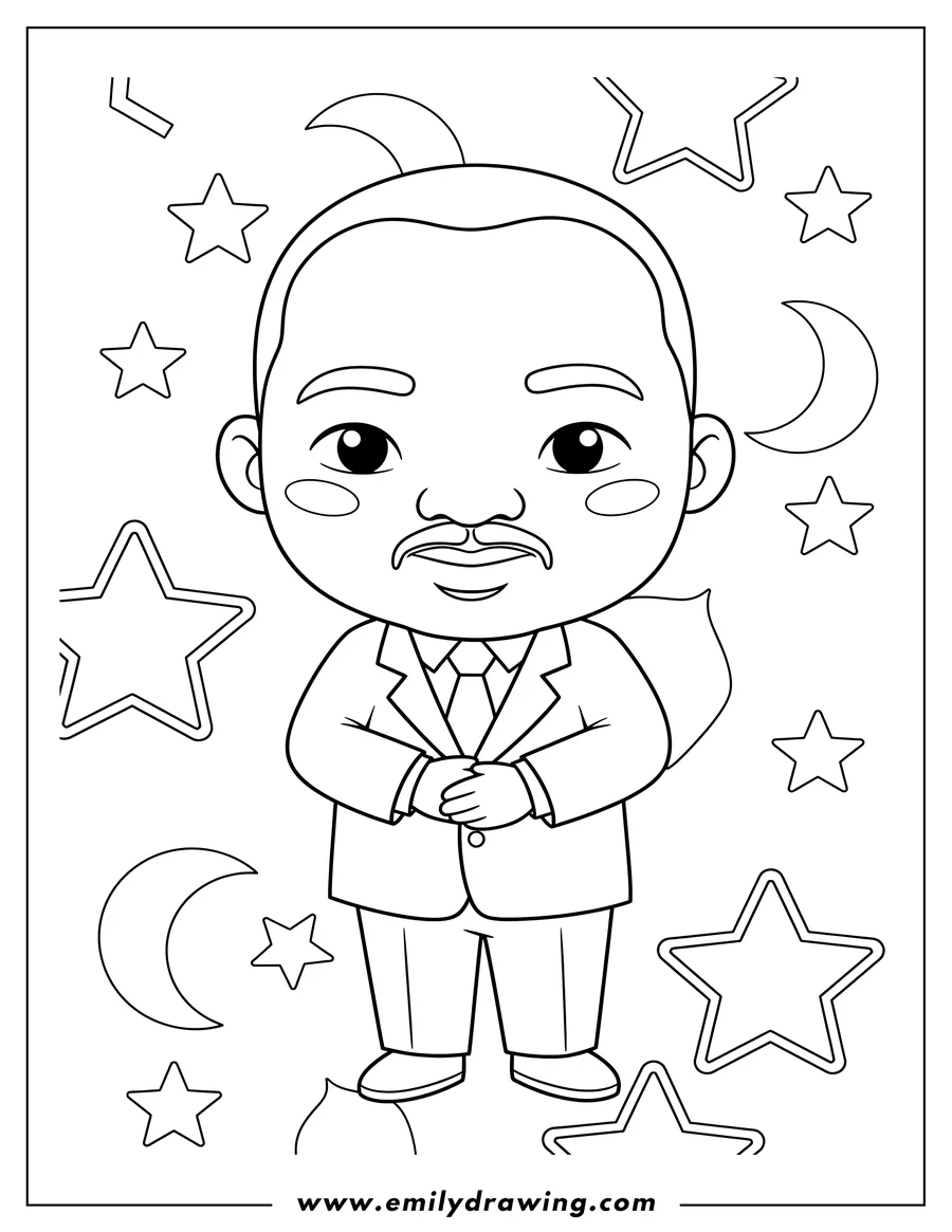 Free to print drawing of easy Chibi Martin Luther King Jr. standing in a suit and tie with a starry background
