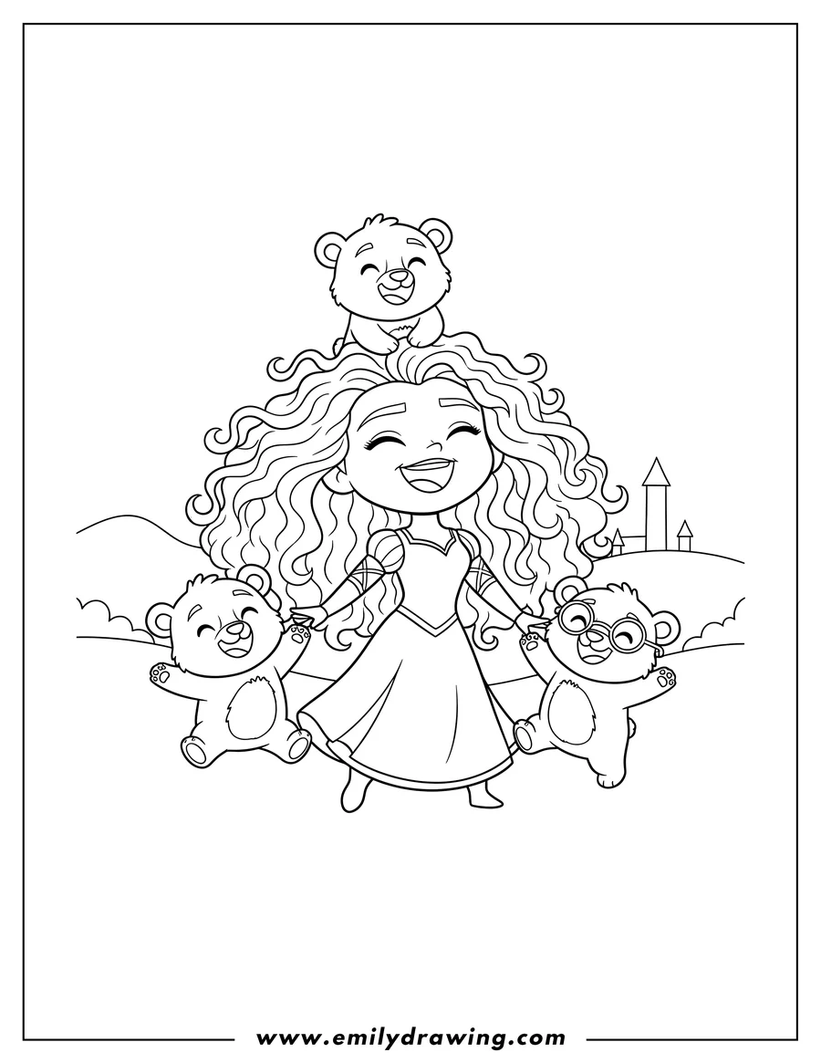 Vector style outline of chibi Merida laughing with bear triplets, one on her head and two with glasses