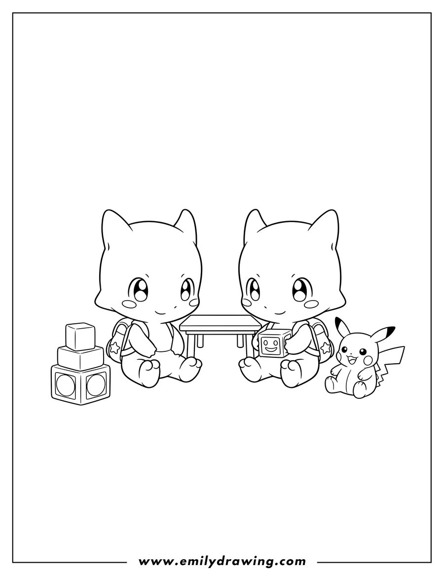 Full page coloring image of chibi Mewtwo Preschoolers sitting