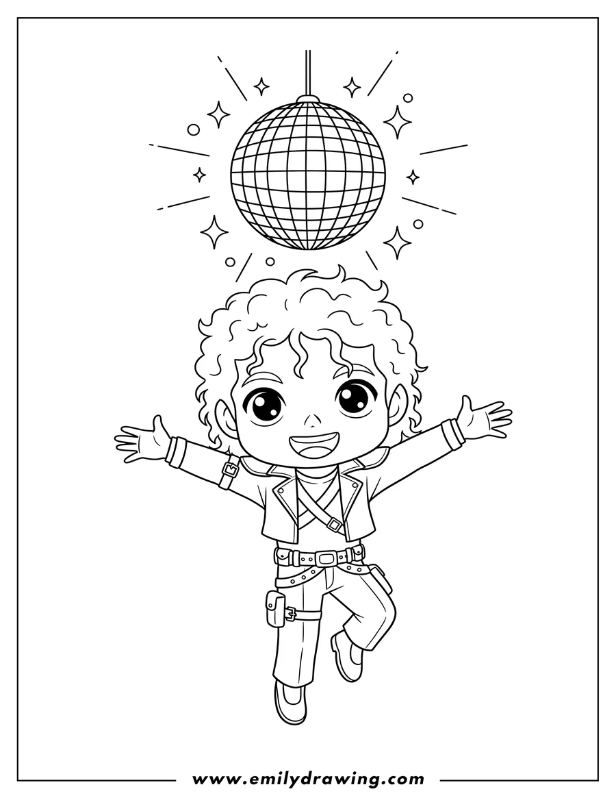 Full page coloring image of chibi Michael Jackson with curly hair, in a jacket and belted outfit, dancing with arms spread out under a disco ball with sparkles