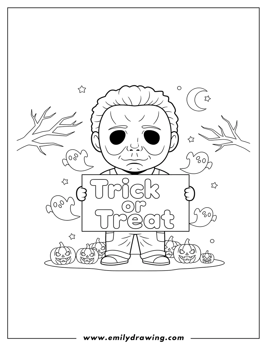 Clean line drawing: chibi Michael Myers holding a 'Trick or Treat' sign, surrounded by jack-o'-lanterns and ghosts