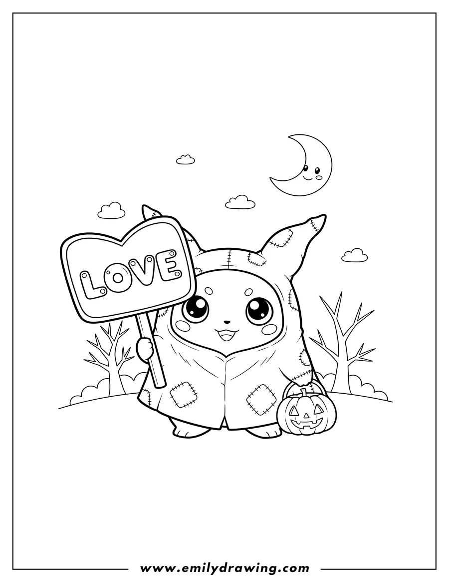 Doodle style coloring picture of chibi Mimikyu holding a heart sign and a pumpkin trick-or-treat basket