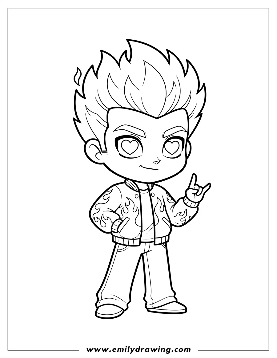 Black and white line art of chibi Monster High Heath Burns with heart-shaped pupils and a jacket with flame patterns