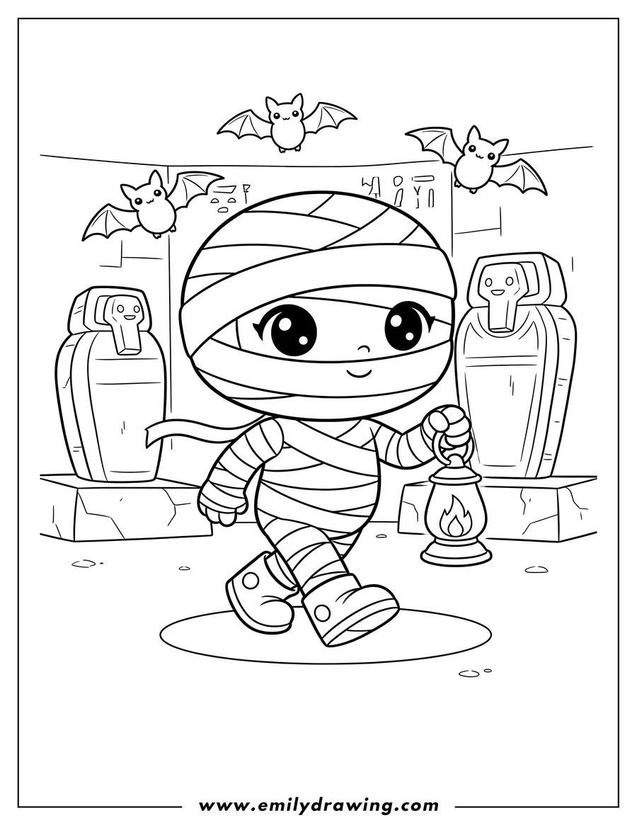 Coloring sheet featuring chibi Mummy walking and exploring a tomb with a lantern, with three bats flying