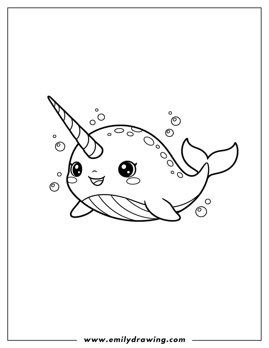 Printable coloring page of cute chibi narwhal with a spiral horn