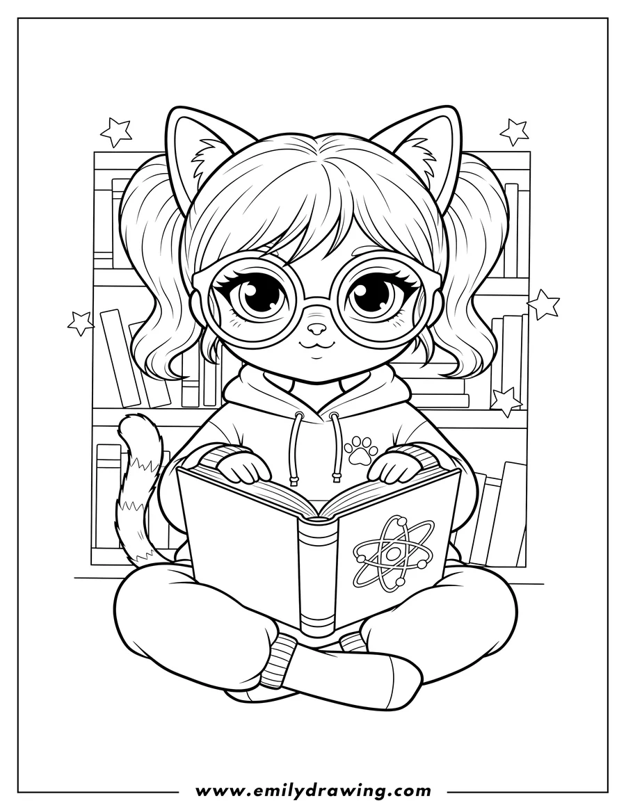 Outline drawing of chibi Nerdy Cat Girl sitting, wearing glasses and a hoodie