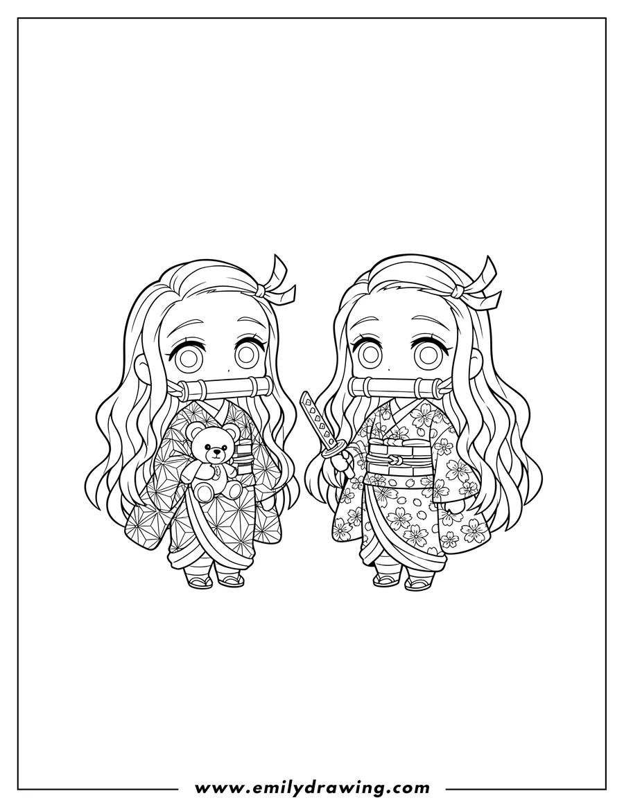 High quality printable chibi Nezuko Preschoolers with a bamboo muzzle and kimono for coloring