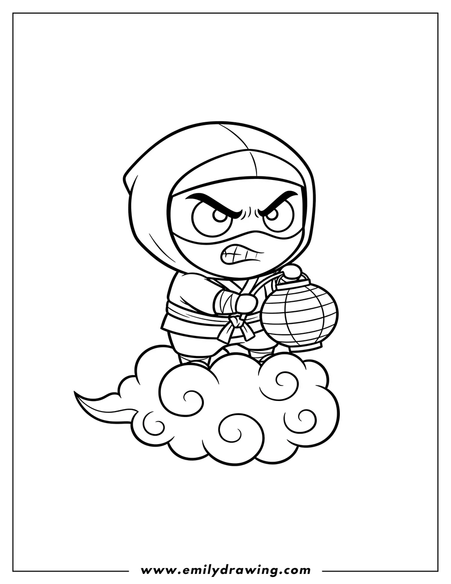 Linear illustration of chibi ninja with an angry expression on a cloud holding a lantern