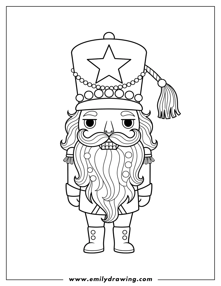 Vector style outline of chibi Nutcracker with a tall hat decorated with a star, beads, and tassel, a long beard, and a uniform with double buttons, for preschoolers