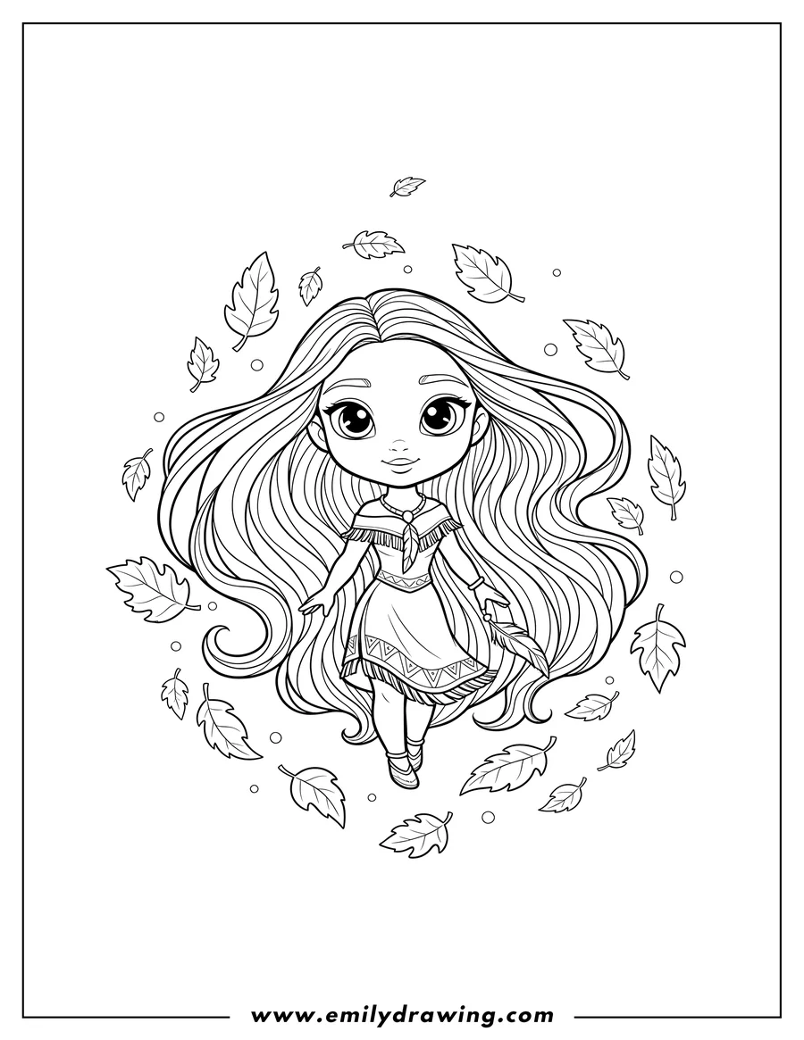 PDF style coloring page: chibi Pocahontas with long flowing hair and falling leaves