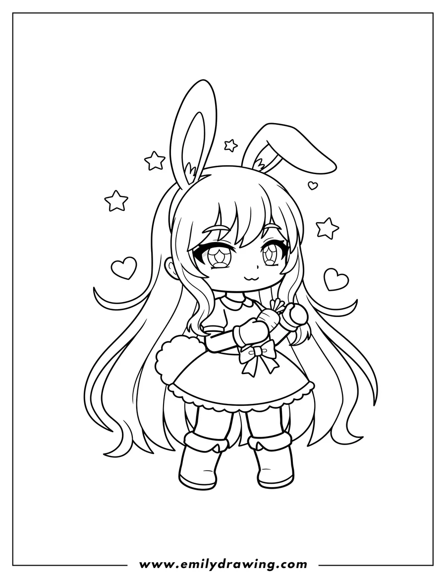 High quality printable chibi Gacha Life Girl Preschoolers with bunny ears, long hair, and a fluffy bunny tail for coloring