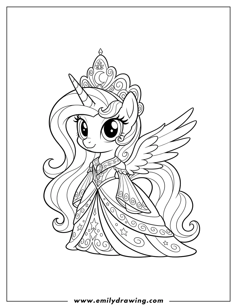 Full page coloring image of chibi Princess Celestia wearing a regal gown and ornate headpiece