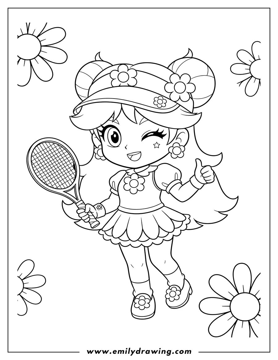 Coloring page of chibi Princess Daisy in a cute tennis outfit with flower details, winking playfully