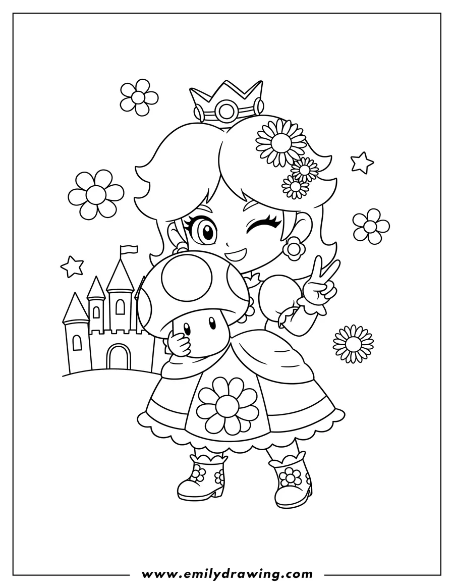 Coloring sheet featuring chibi Princess Daisy winking, holding a Super Mushroom, and wearing flowers in her hair, for preschoolers