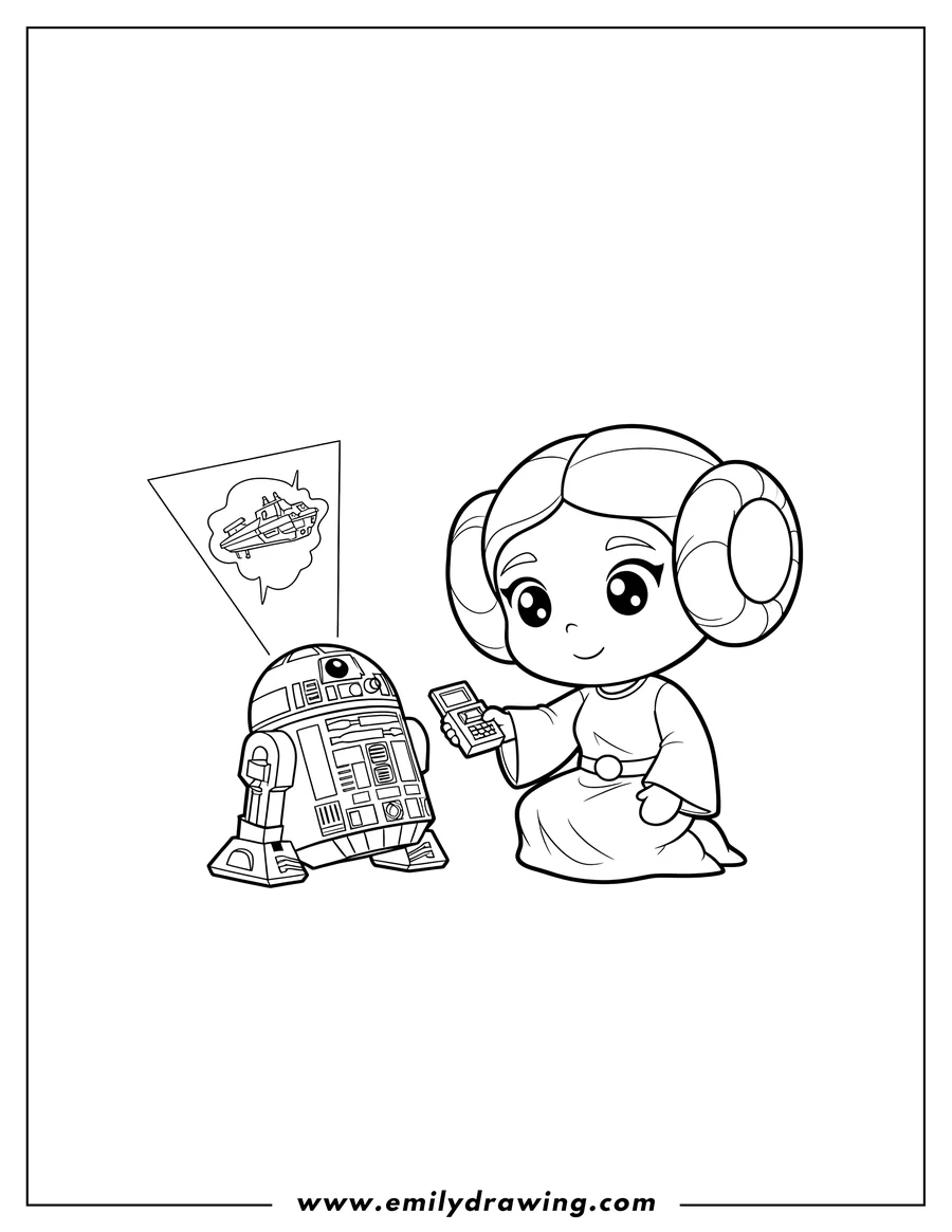 Linear illustration of chibi Princess Leia crouching and recording message through R2 D2