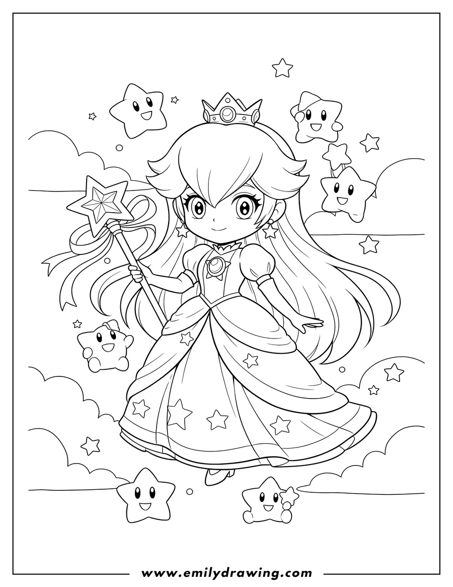 Coloring sheet featuring chibi Princess Rosalina holding a star wand, surrounded by Lumas in the sky