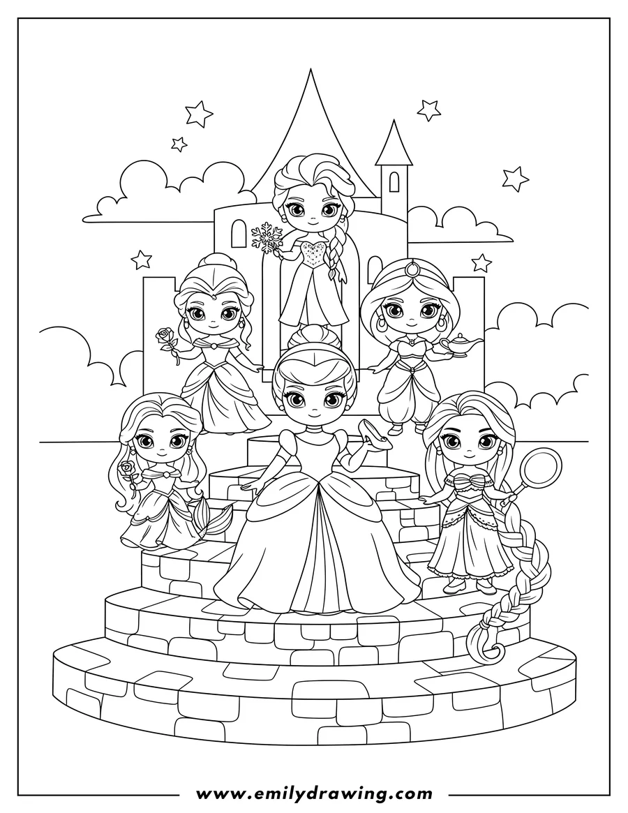 Coloring page of chibi Disney Princesses gathered on steps, holding iconic items