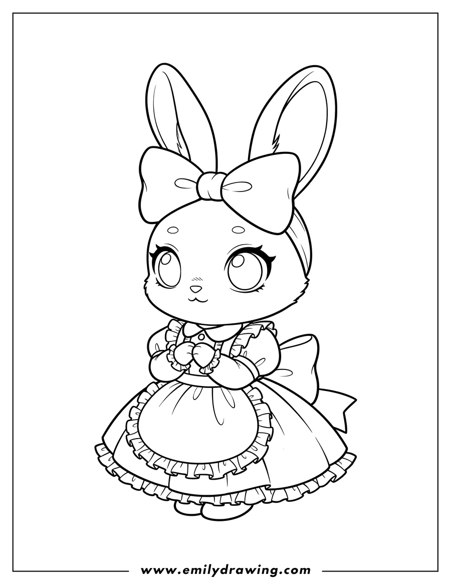 PDF style coloring page: chibi Rabbit Dress And Apron with a bow, big eyes, and clasped hands
