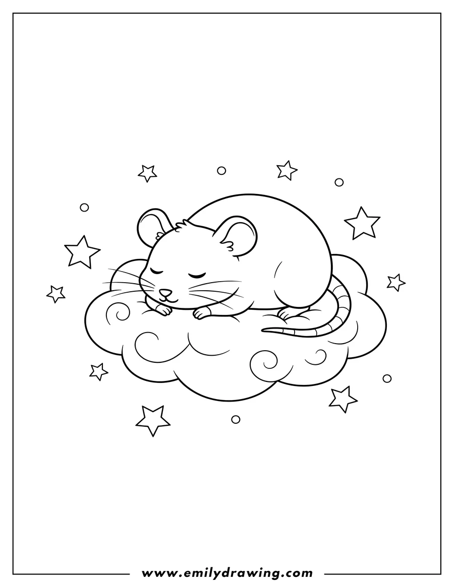Linear illustration of chibi Rat lying on its belly with paws tucked under its chin, sleeping peacefully on a cloud surrounded by stars, for preschoolers