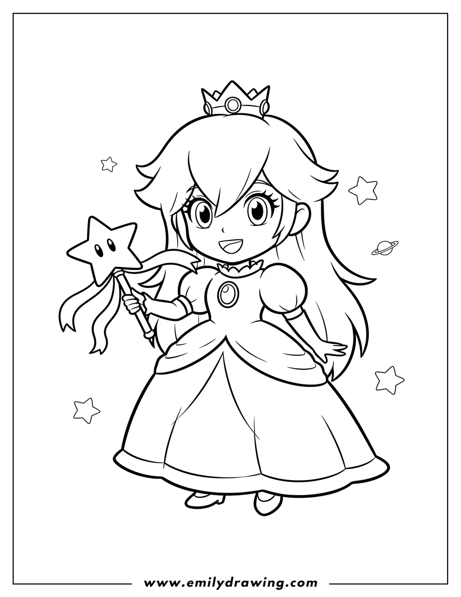 Free printable coloring sheet of chibi Rosalina wearing a crown, smiling, and holding a star wand for preschoolers