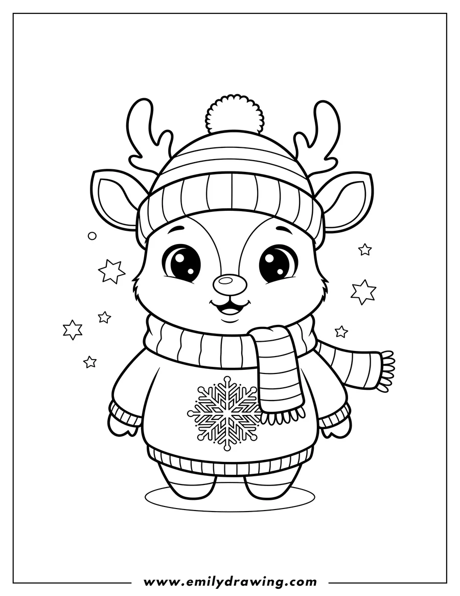 Free to print drawing of chibi Rudolph wearing a winter hat, scarf, and a sweatshirt with a snowflake design