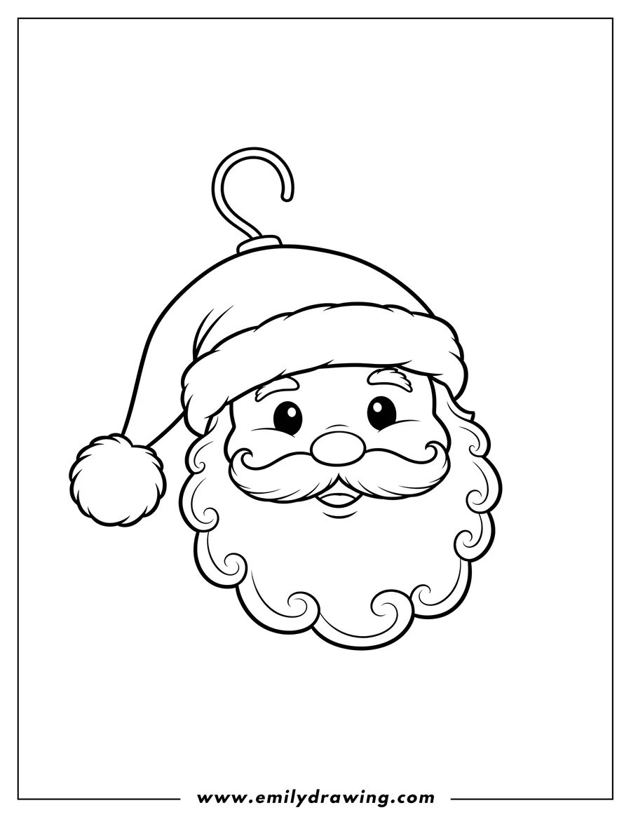 Coloring page of chibi Santa Face Ornament wearing a Santa hat, with a hanging hook