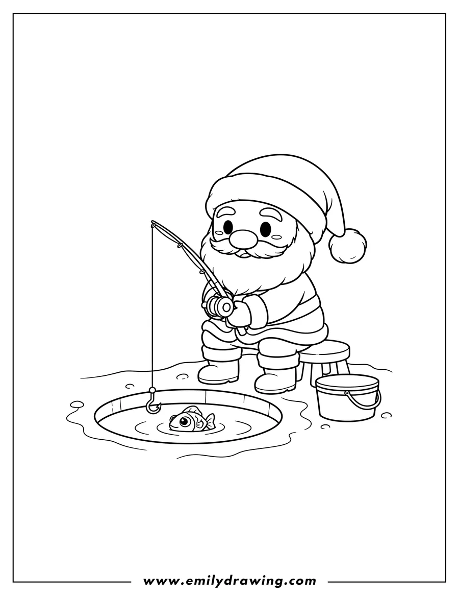 Coloring page for kids: chibi Santa Ice Fishing, crouching and holding a fishing rod
