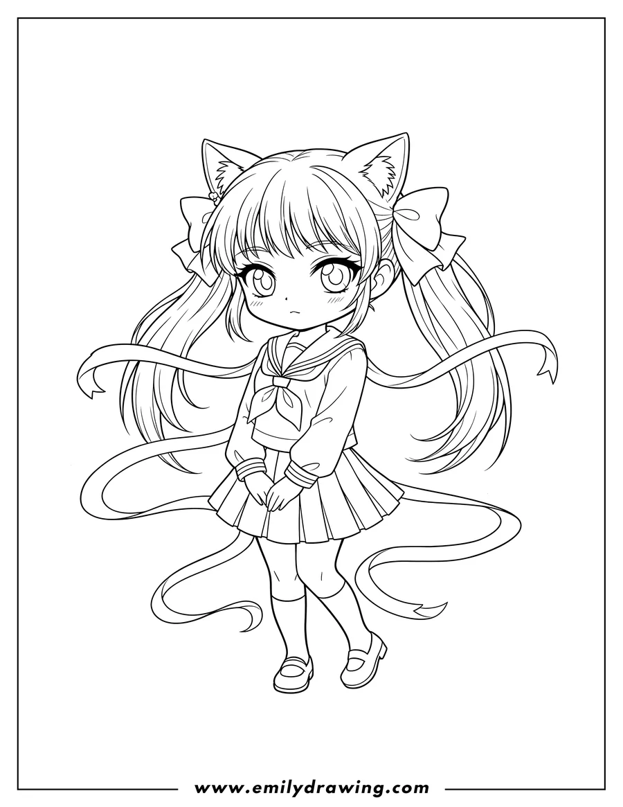 Vector style outline of chibi School Girl With Cat Ears, in a school uniform, with long flowing ribbons