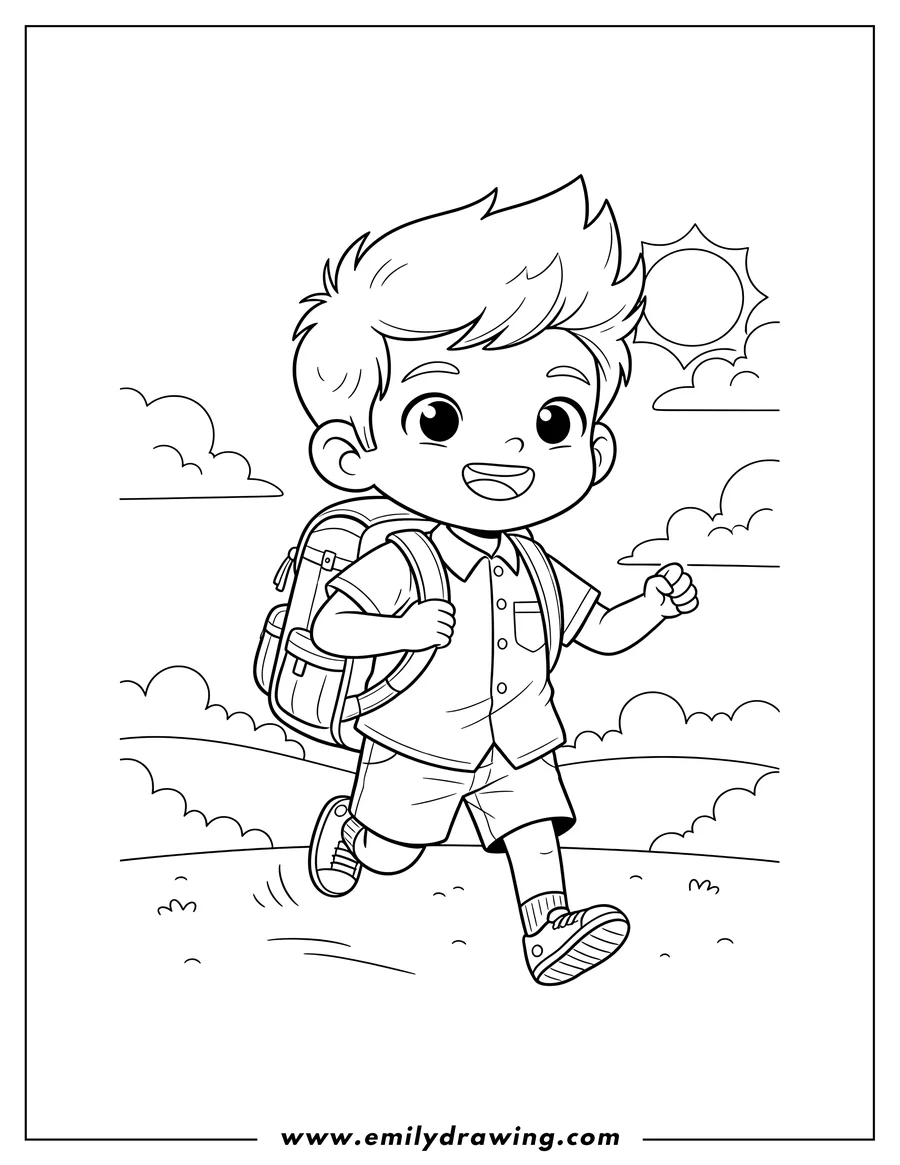 Black and white line art of chibi Schoolboy With Backpack running and smiling outdoors
