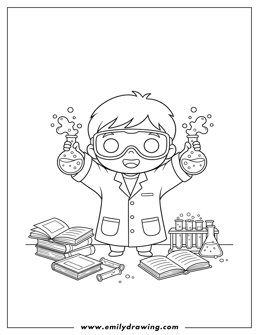 Outline drawing of chibi Scientist wearing a lab coat and safety goggles, holding beakers, and surrounded by books and test tubes