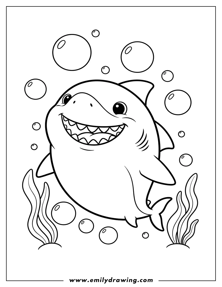 Coloring page of chibi Shark smiling with teeth, with bubbles and seaweed