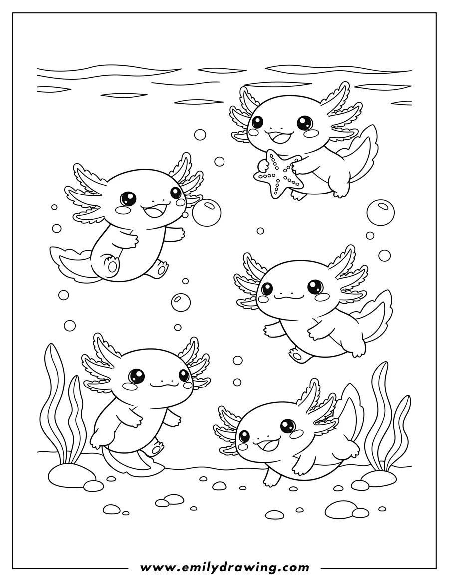 Printable line art of chibi smiling axolotl underwater preschoolers with fluffy gills, floating