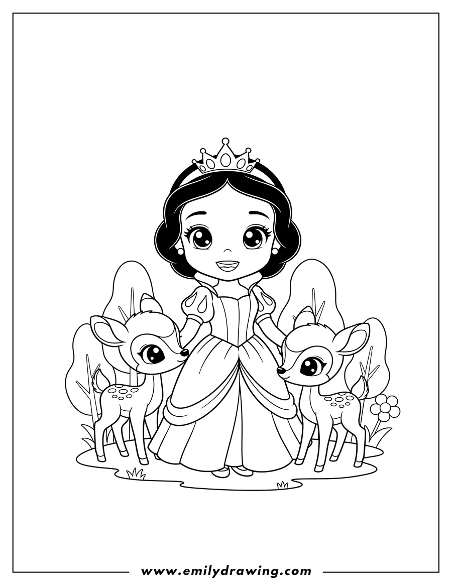 Free to print drawing of chibi Snow White standing and smiling with two fawns