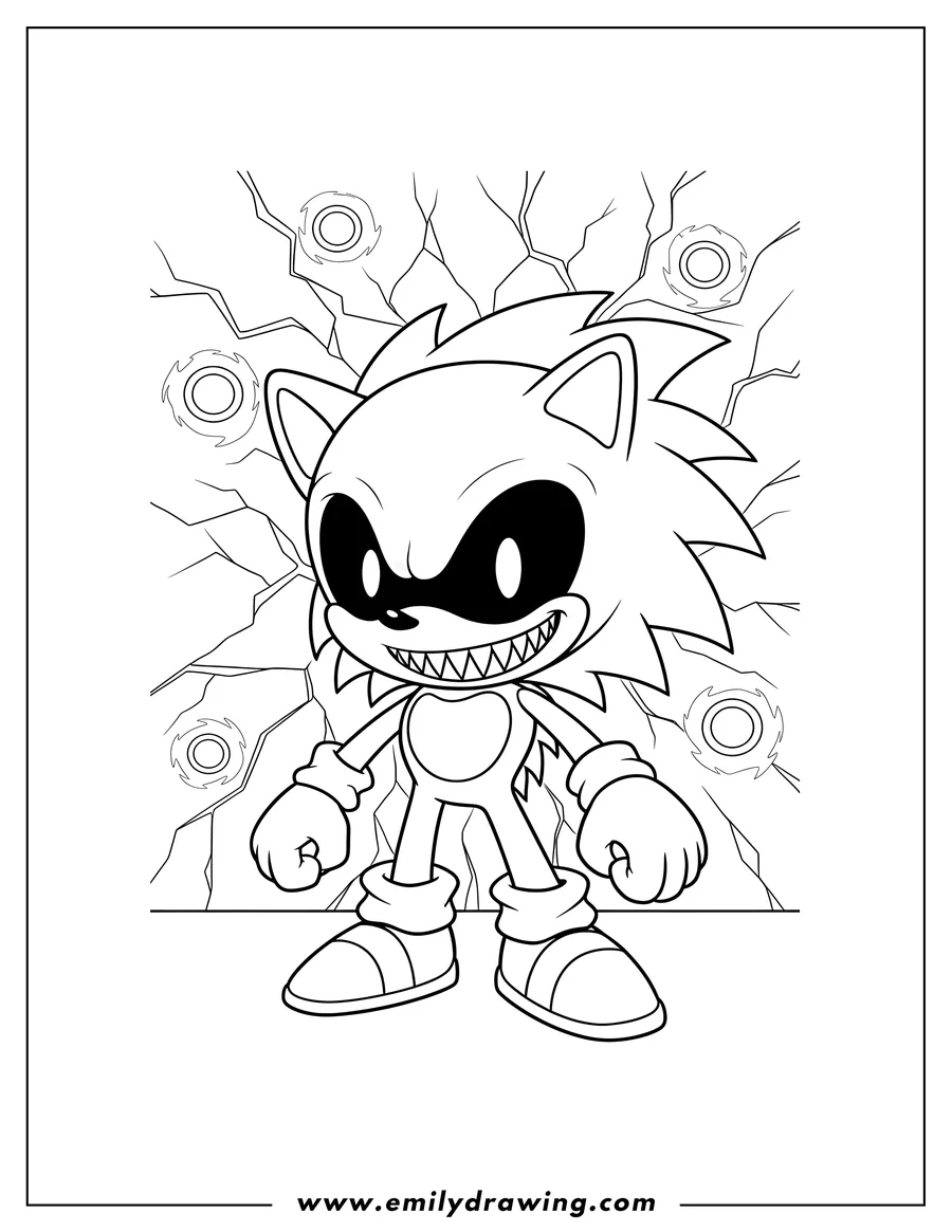 Free printable coloring sheet of chibi Sonic Exe with black eyes and sharp teeth, standing in front of a cracked wall with orbs