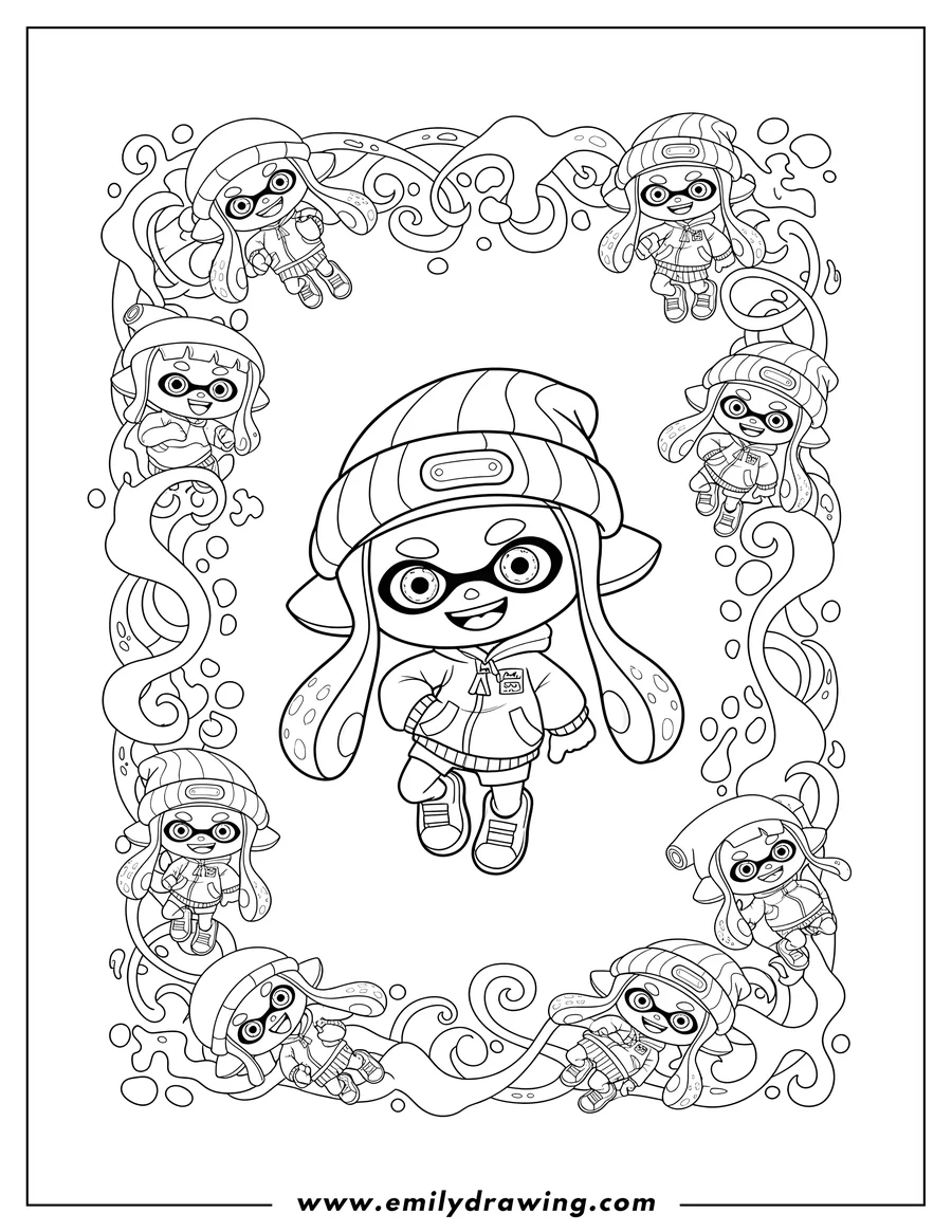 Clean line drawing: chibi Splatoon squids and ink splatters forming a seamless outline pattern