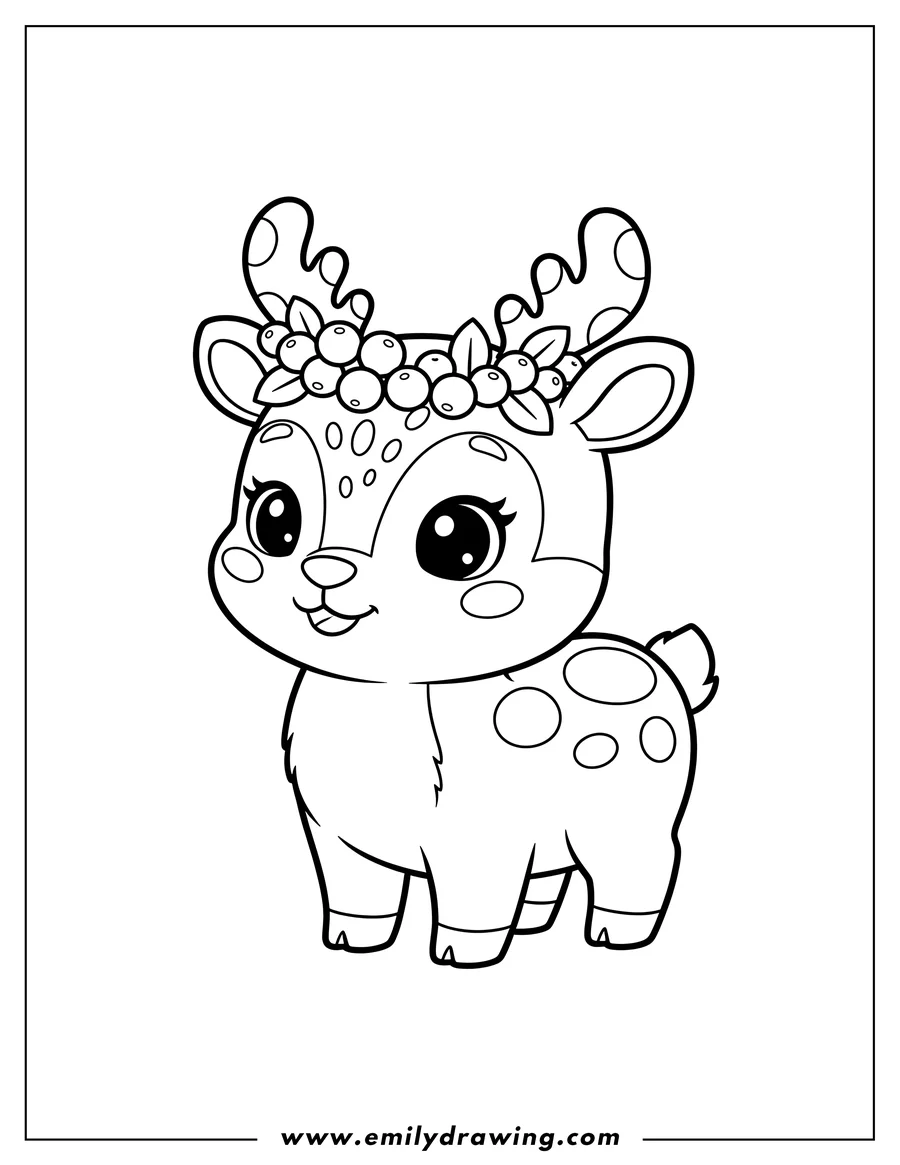 Free to print drawing of chibi Spotted Reindeer wearing a festive berry wreath on its head