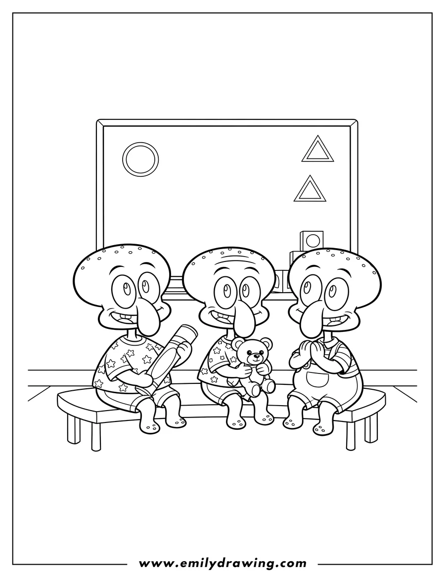 Simple sketch of chibi Squidward Preschoolers, sitting and smiling to color