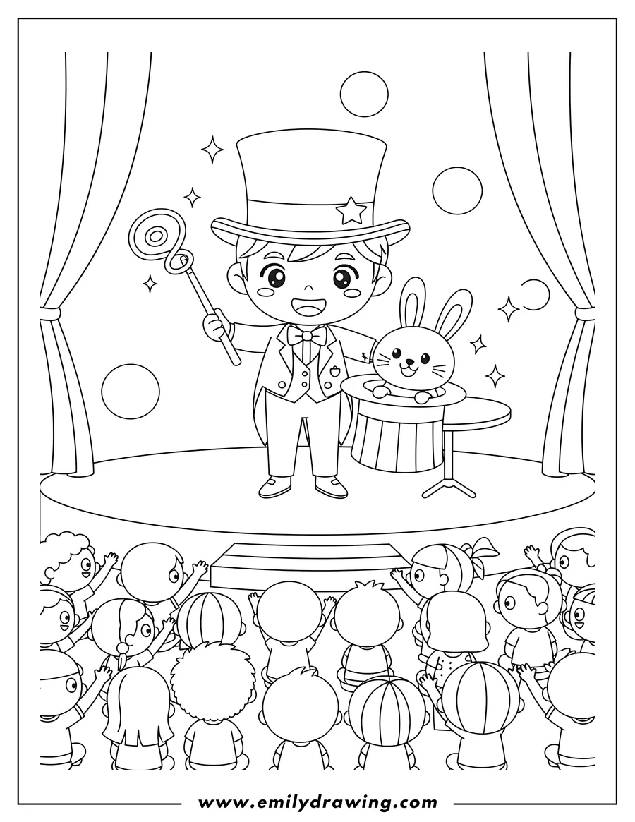 Linear illustration of chibi Stage Magician Wowing Crowd With Magic Tricks, pulling a rabbit out of a hat with a magic wand