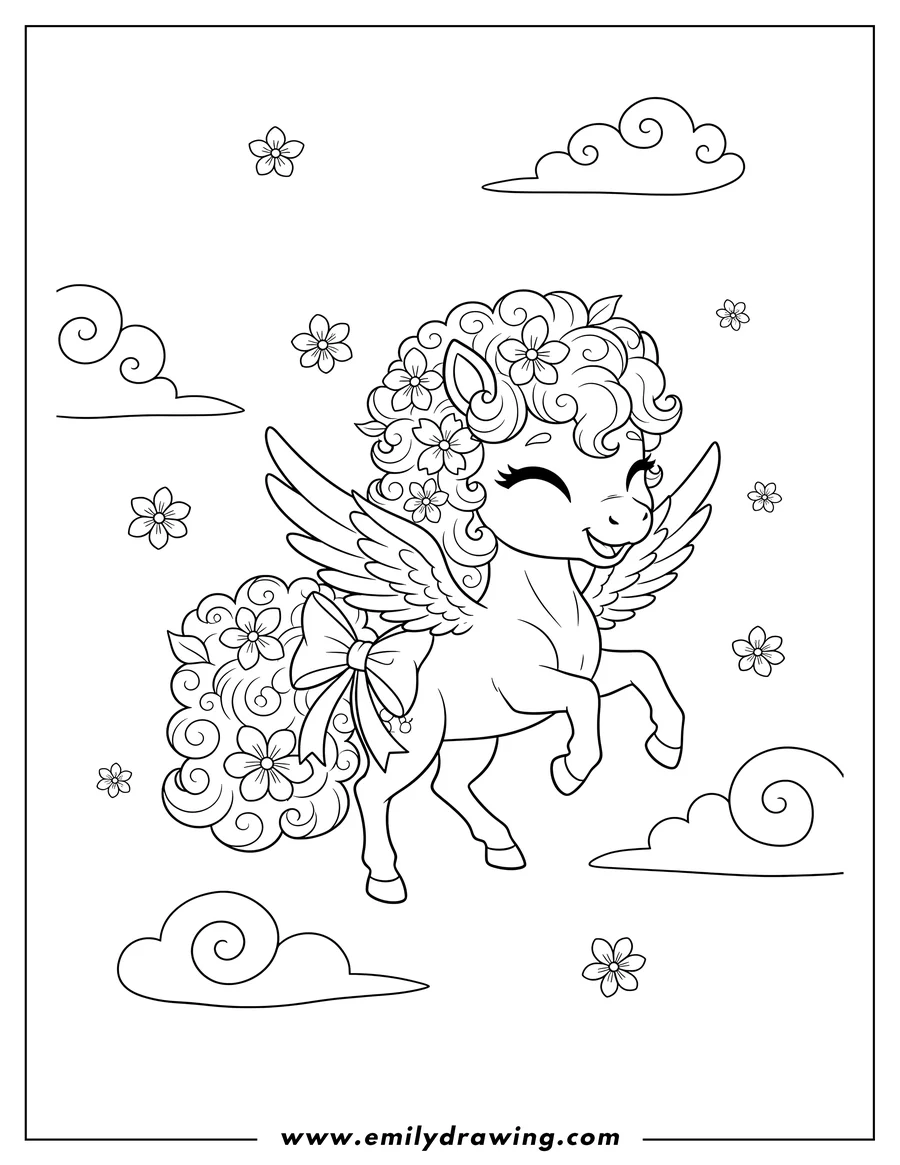 Printable line art of chibi Style Pegasus With Curly Mane And Blossoms, smiling and prancing with a bow on its tail